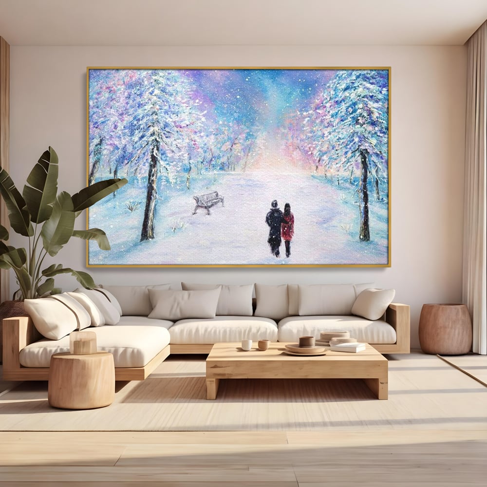 Tablou canvas cu tablou pictura cuplu pe zapada, in rama de aluminiu auriu, pe perete intr-un living